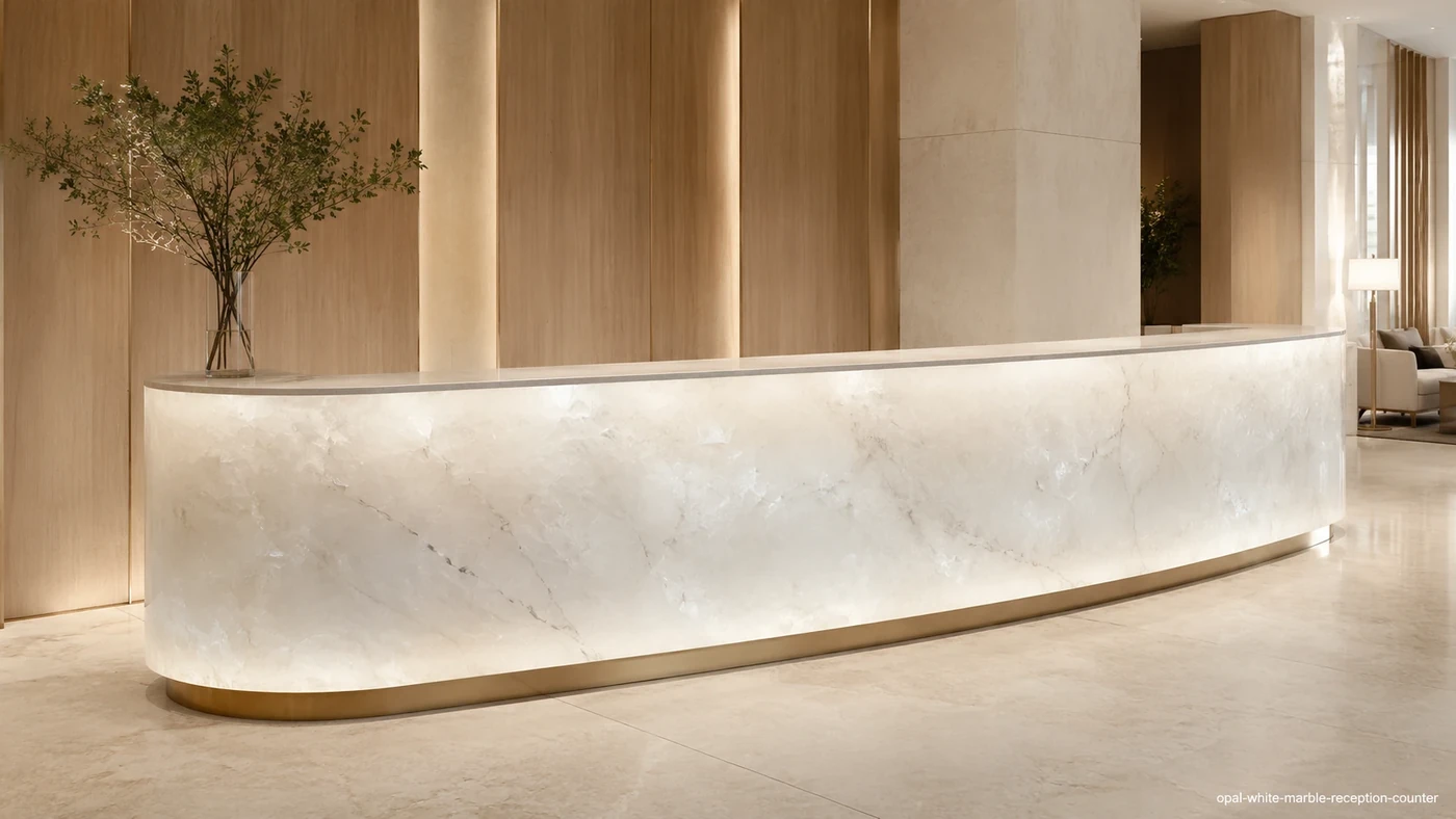 Opal White Marble reception counter with milk-white stone, faint mist-grey clouds and a pearly crystalline glow.