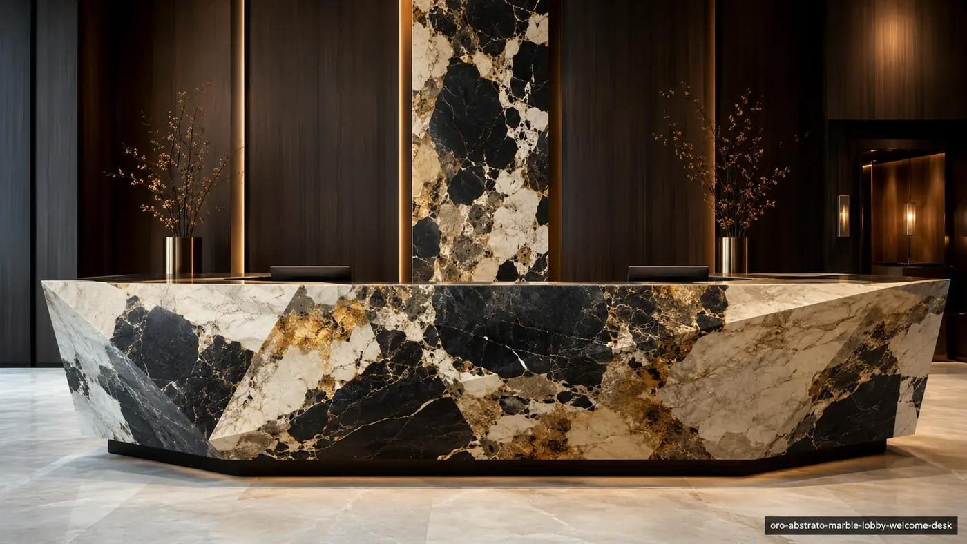 Oro Abstrato Marble lobby desk with black fragments, ivory calcite channels and bold gold mineral deposits.