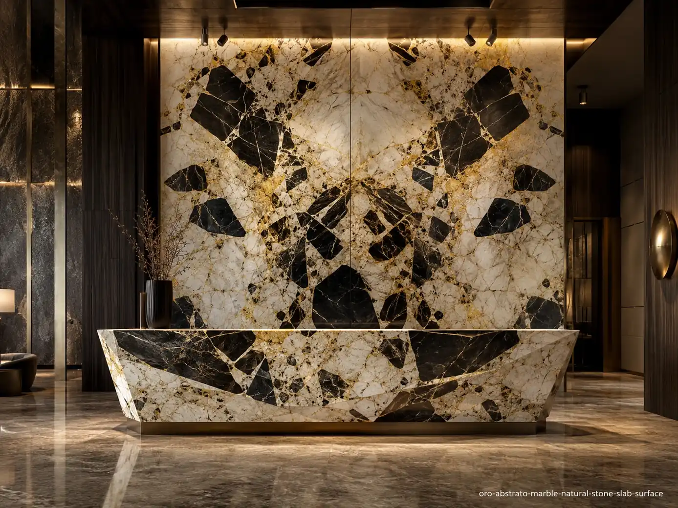 Bold warm metallic slab on a lobby wall and reception counter with black islands, ivory channels and amber-gold deposits.