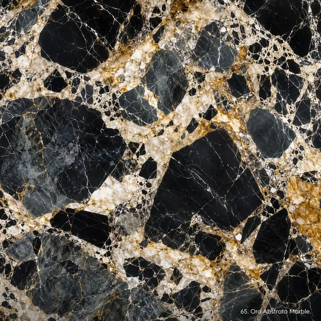Oro Abstrato Marble with abstract gold veined stone, black fragments, ivory channels, amber deposits and rich polished depth.