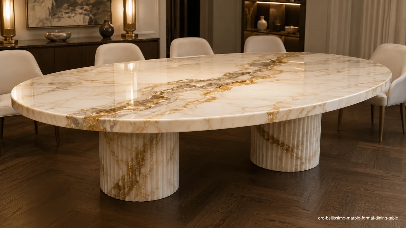 Oro Bellissimo Marble dining table with creamy white stone, sweeping gold ribbons and fluted pedestal bases.