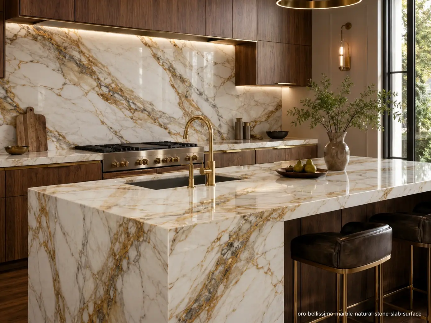 Elegant metallic mineral movement across a kitchen island, backsplash and counters with creamy white and sweeping gold veins.