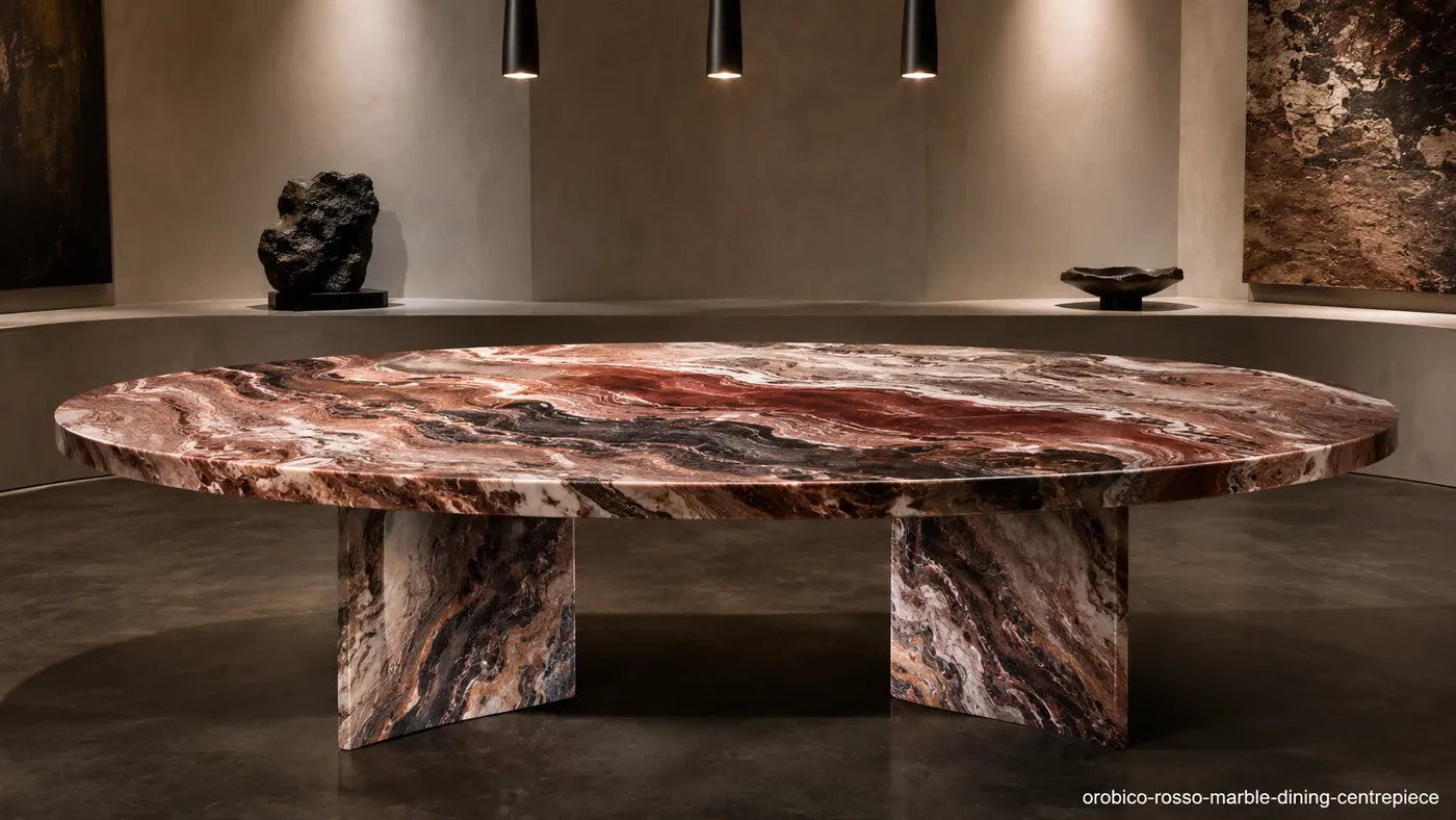 Orobico Rosso Marble dining table with red, burgundy, charcoal and cream waves across a sculptural oval top.
