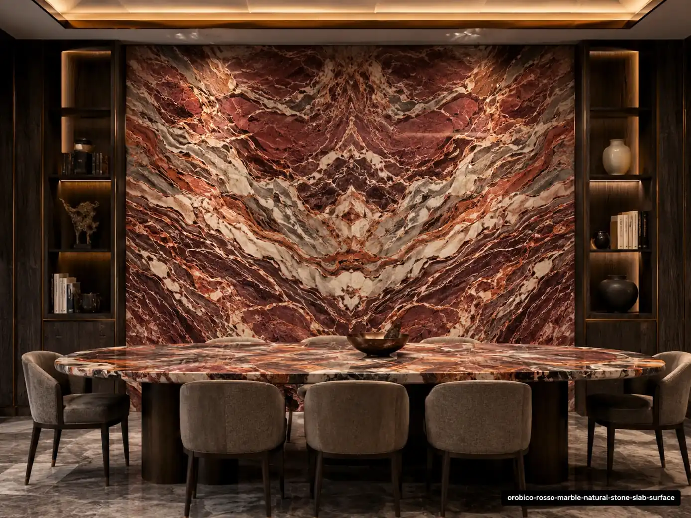 Rich burgundy architectural slab on a dining room wall and table with red, rose, charcoal, cream and flowing calcite ribbons.