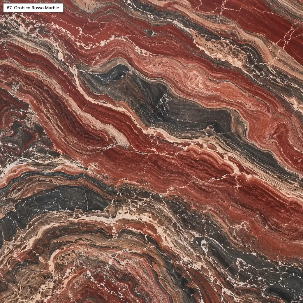 Orobico Rosso Marble with red grey multicolor stone, warm rose ribbons, charcoal seams, cream veins and rich polished depth.