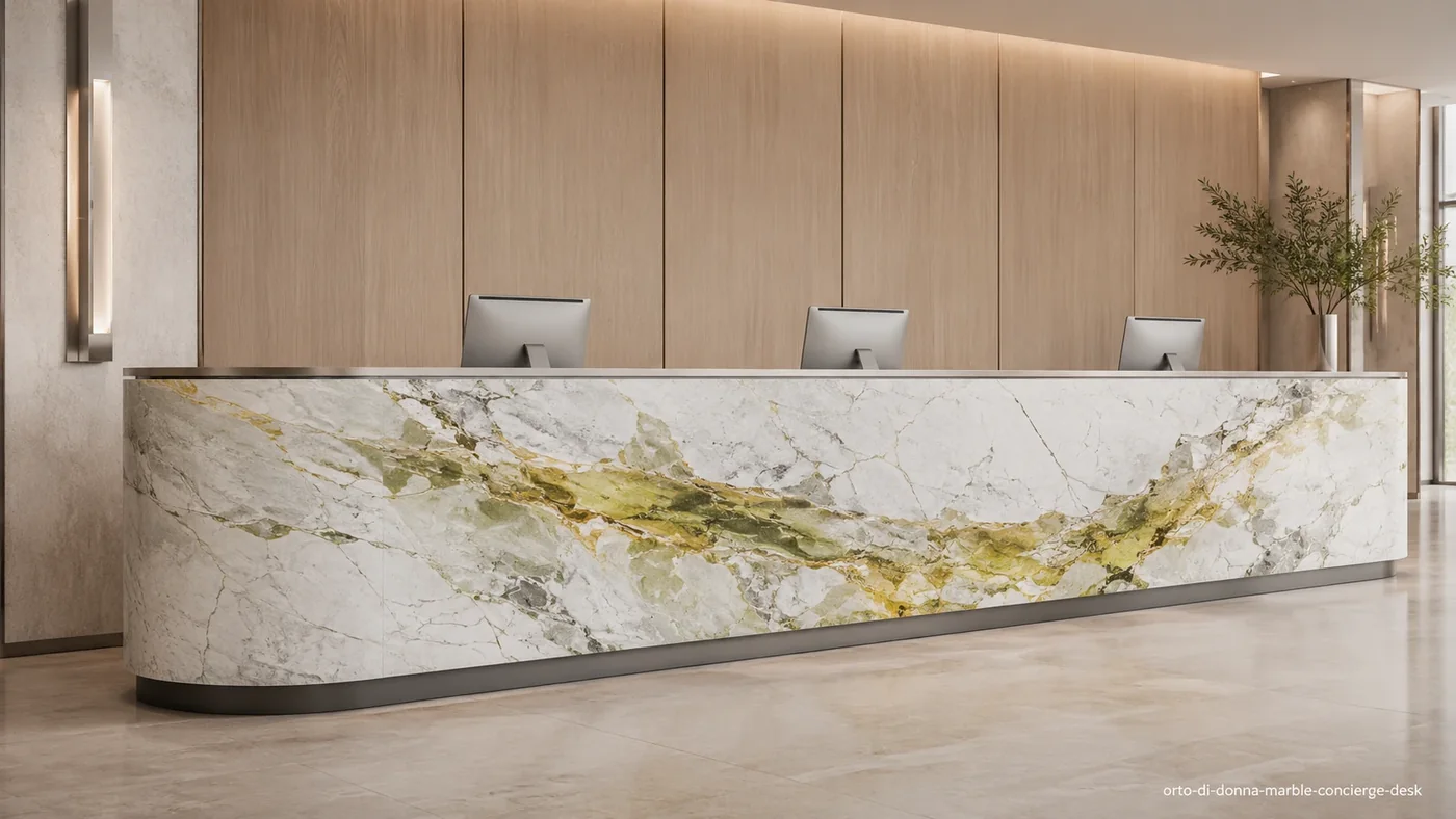 Orto Di Donna Marble concierge desk with pale silver-white stone and vivid citron and olive-gold bands.