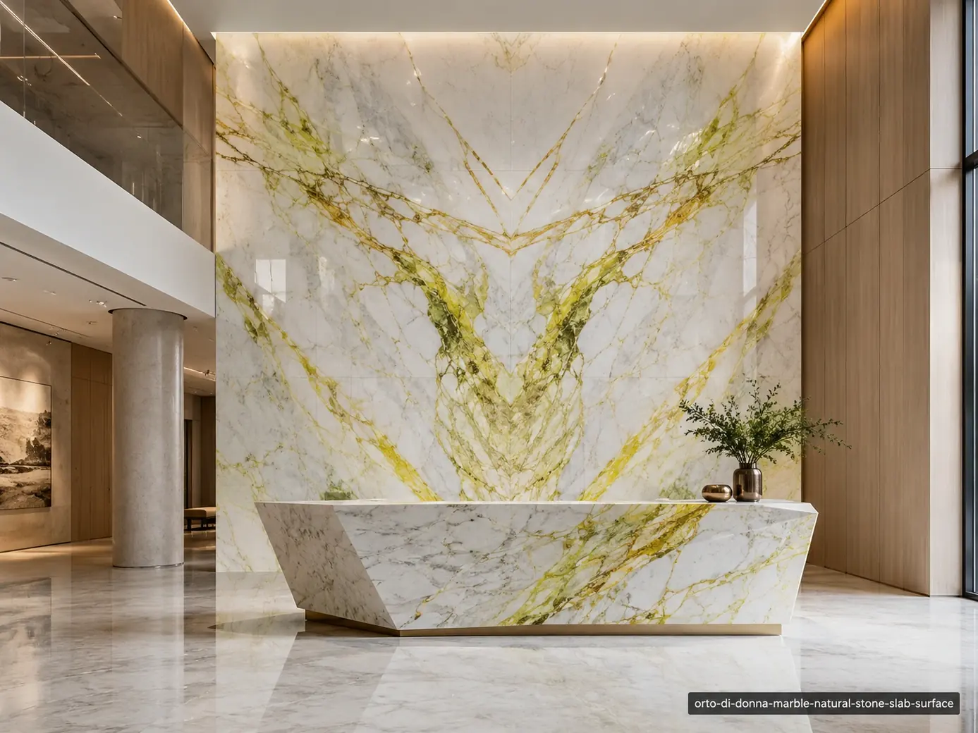 Refined Italian architectural slab on a gallery wall and reception desk with white, silver-grey and citron-yellow movement.