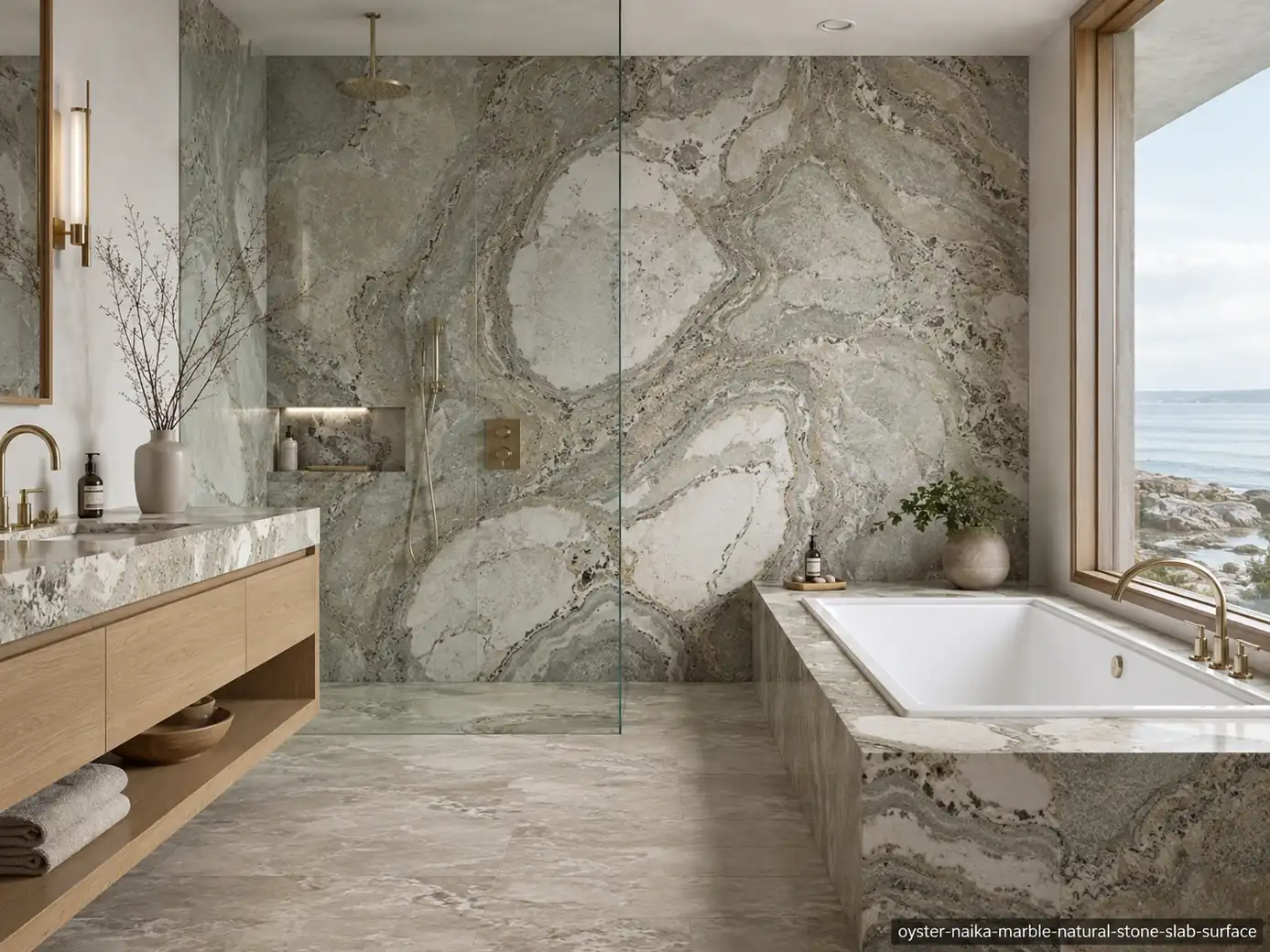 Elegant neutral architectural slab on a shower wall, vanity, tub surround and flooring with ivory, sage and pearl layers.