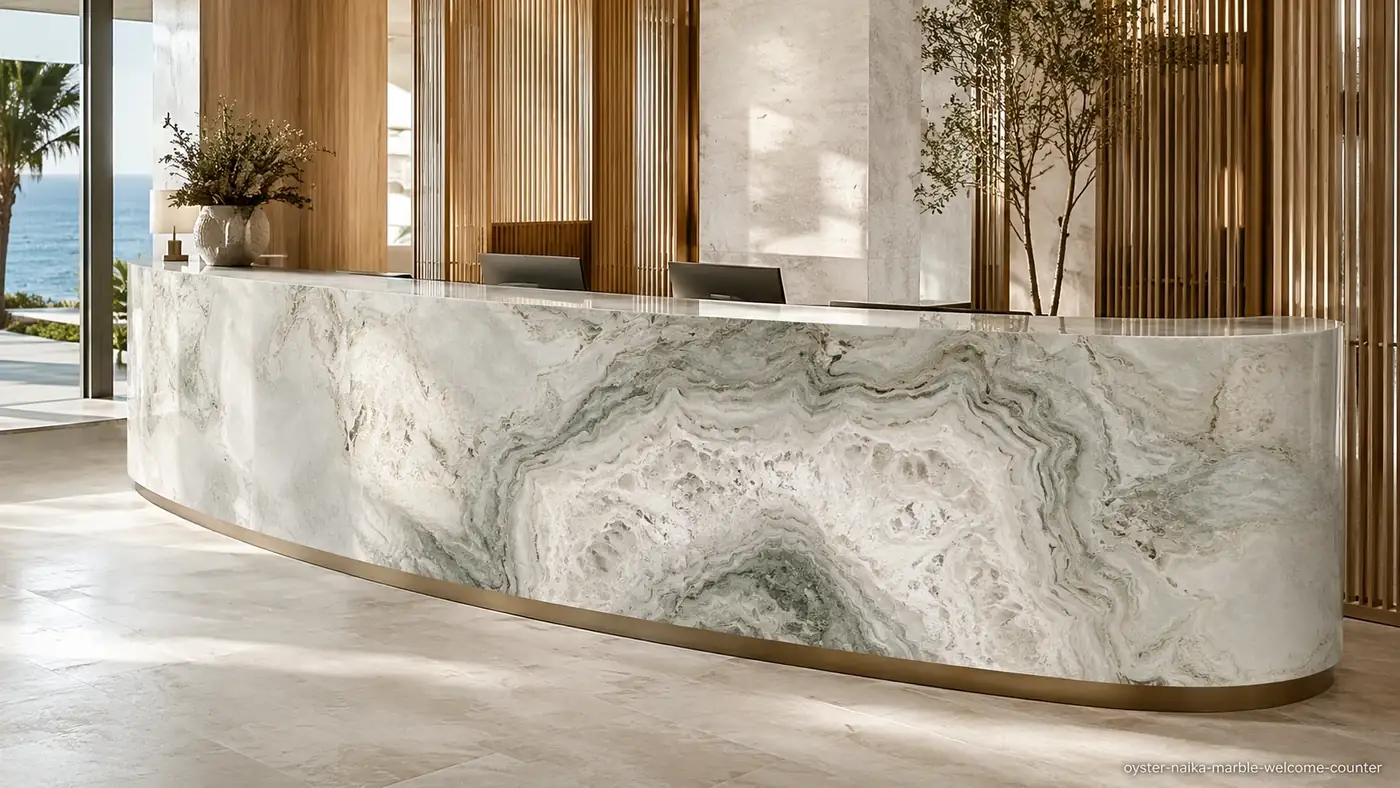 Oyster Naika Marble welcome counter with ivory, pearl-grey and sage stone in layered shell-like formations.