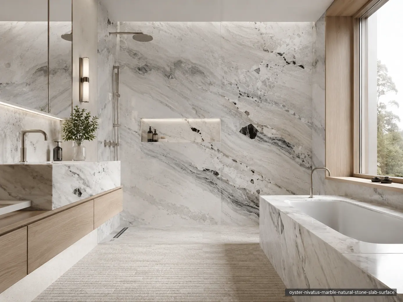 Luminous architectural slab on bathroom shower walls, vanity and bathtub surround with white waves and graphite fragments.