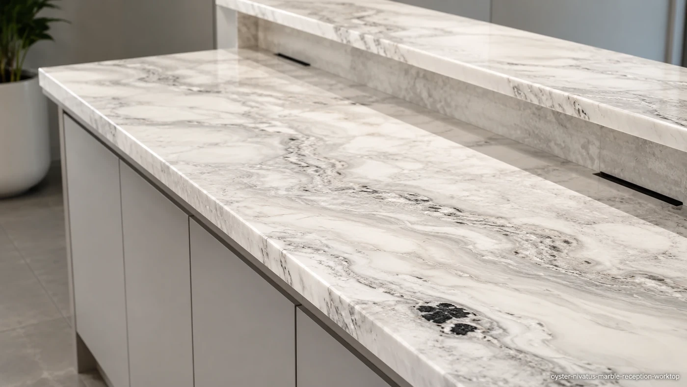 Oyster Nivatus Marble reception worktop with creamy white stone, silver clouds and graphite crystalline fragments.