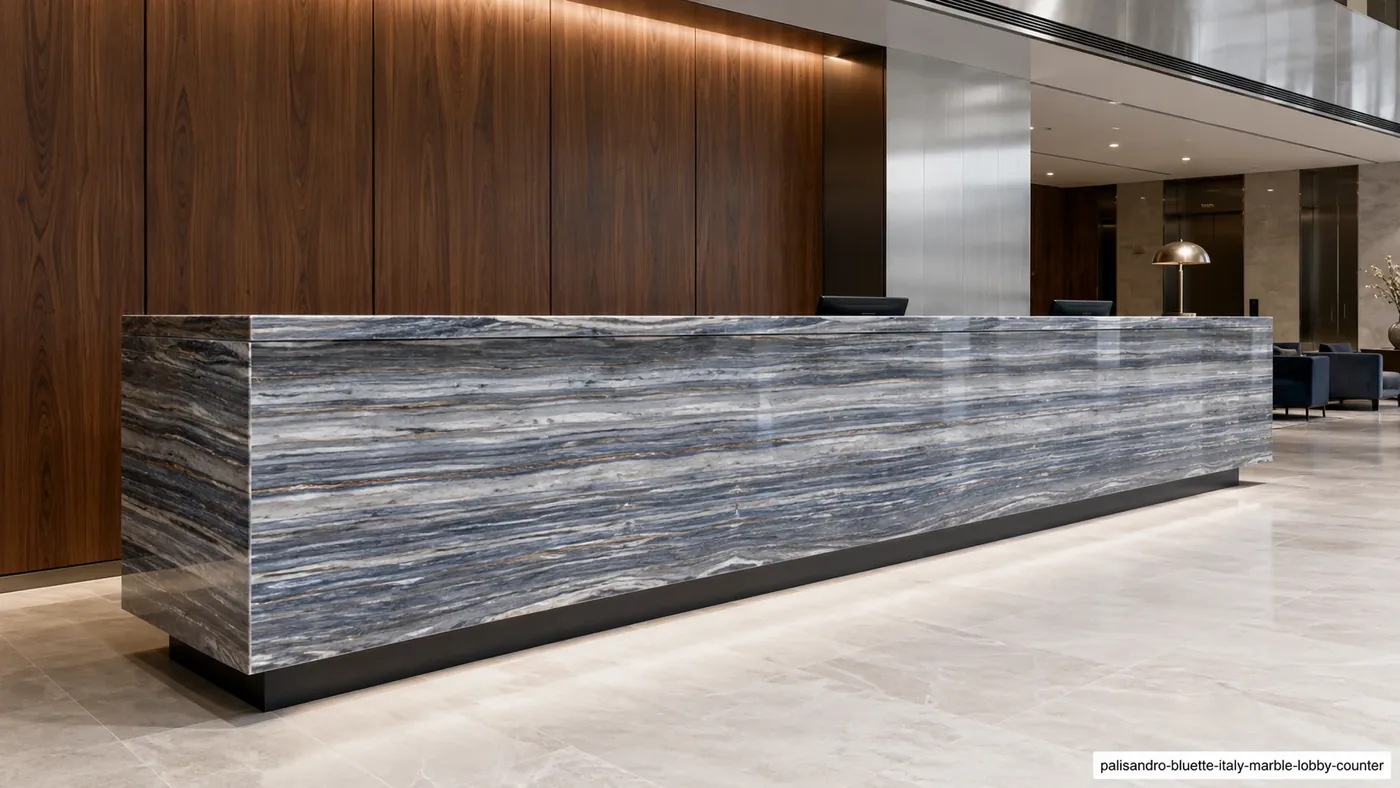 Palisandro Bluette Marble lobby counter with blue-grey stone and continuous silver, white and bronze striations.