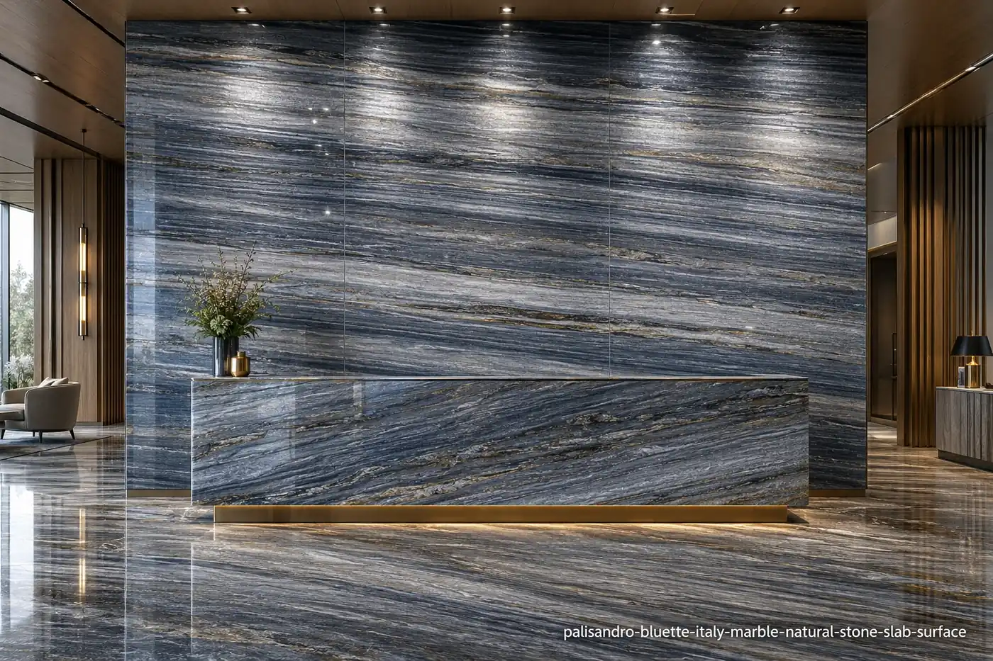 Elegant Italian architectural slab on lobby panels, reception desk and flooring with blue-grey, silver parallel striations.
