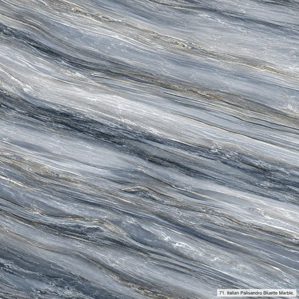 Palisandro Bluette Italy Marble with blue grey wood grain stone, silver bands, bronze threads and a pearly polished finish.
