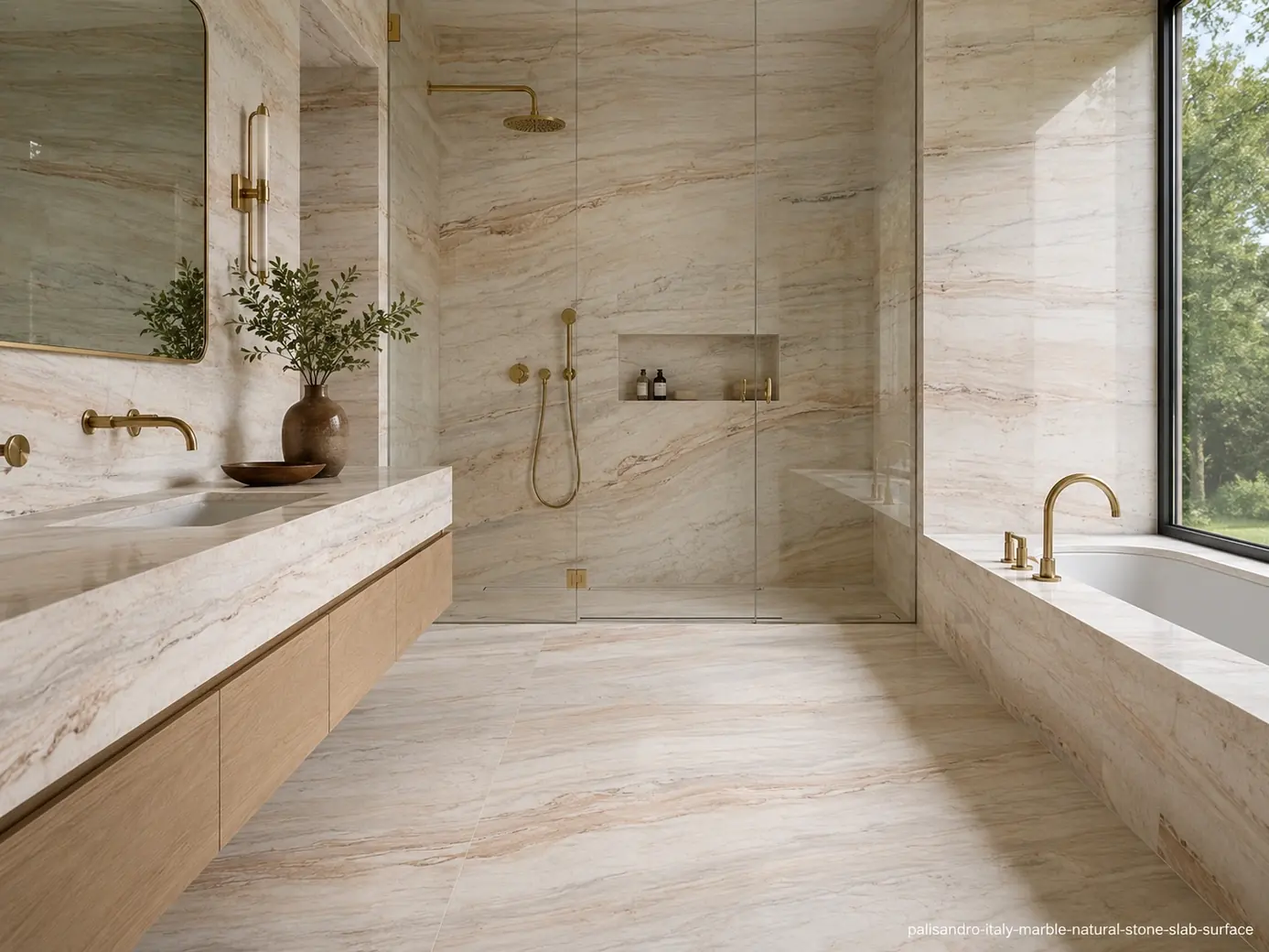 Elegant linear architectural slab across a vanity, shower walls, tub surround and floor with ivory and beige wood grain.