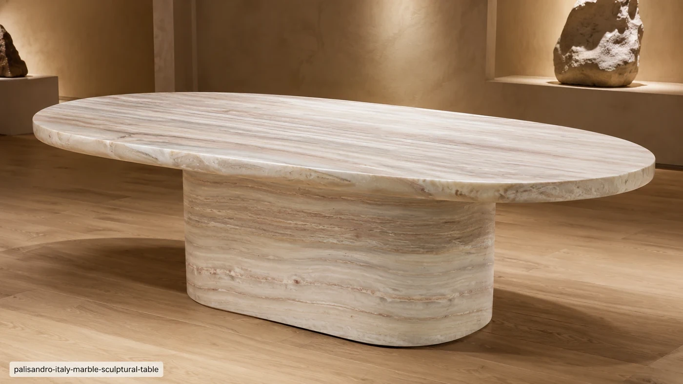 Palisandro Italy Marble sculptural table with cream-white stone and fine beige, hazel and blush-taupe lines.