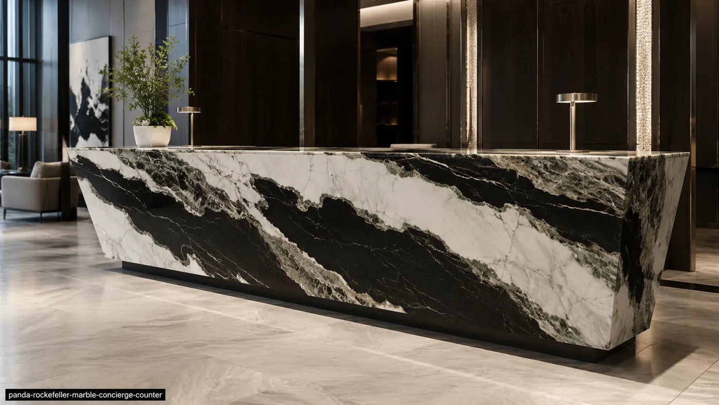 Panda Rockefeller Marble concierge counter with massive black bands, creamy white fields and silver borders.