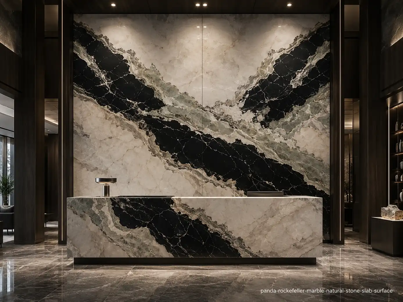 High contrast architectural slab on a lobby wall and reception counter with massive black bands and cream crystalline layers.
