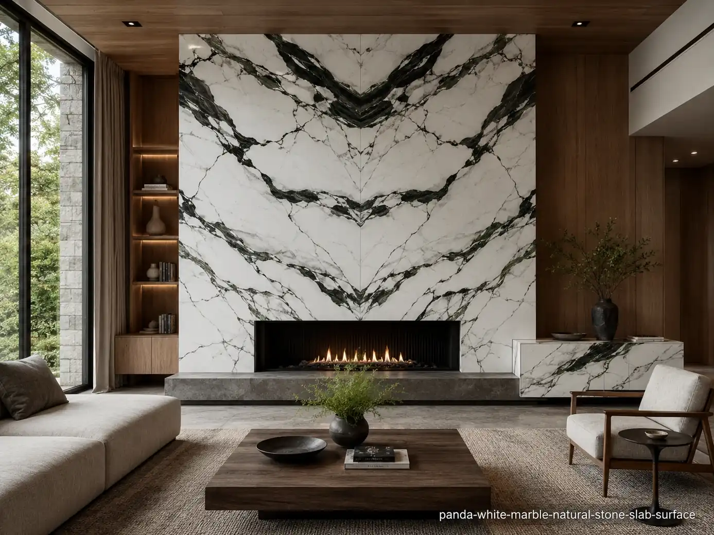 Bold graphic architectural slab on a living room fireplace and console with white fields and sweeping black-grey ribbons.