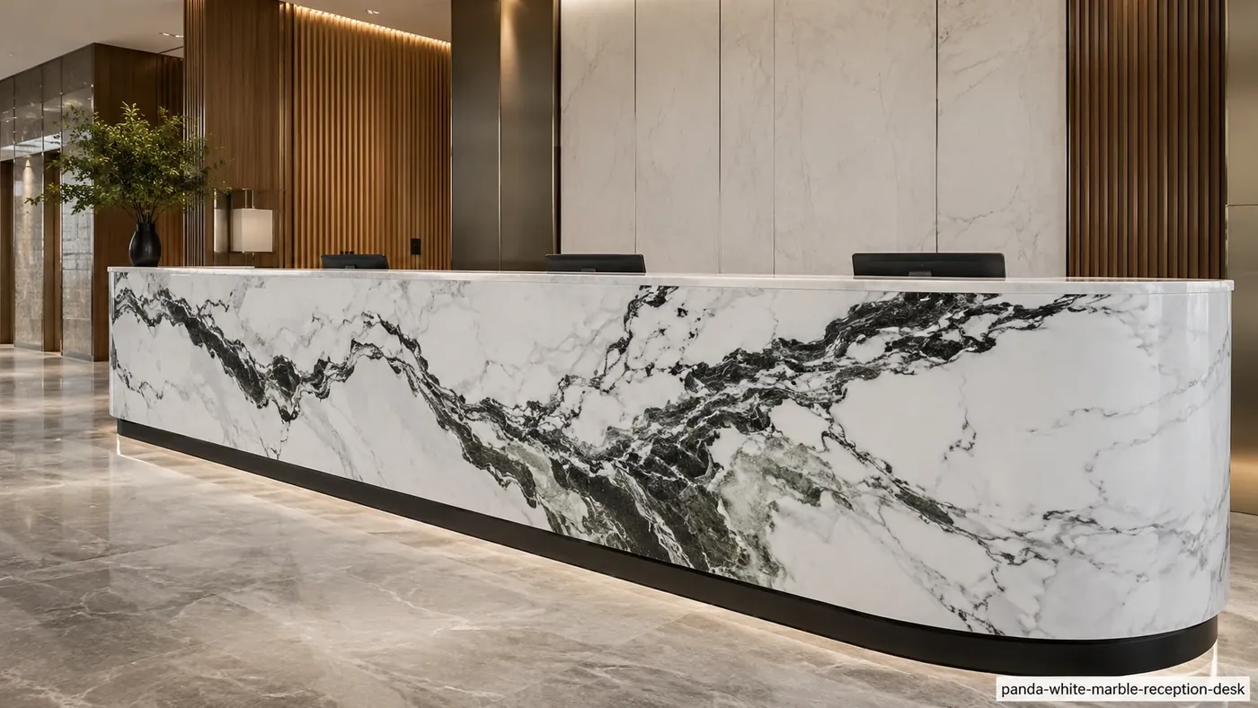 Panda White Marble reception desk with crystalline white stone and a broad ink-like black vein across the fascia.