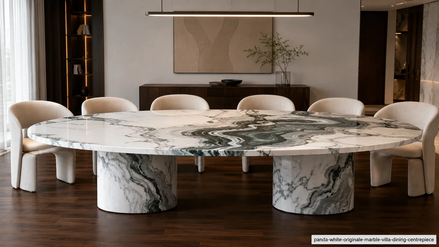 Panda White Originale Marble dining table with white stone and layered dark green, charcoal and silver channels.