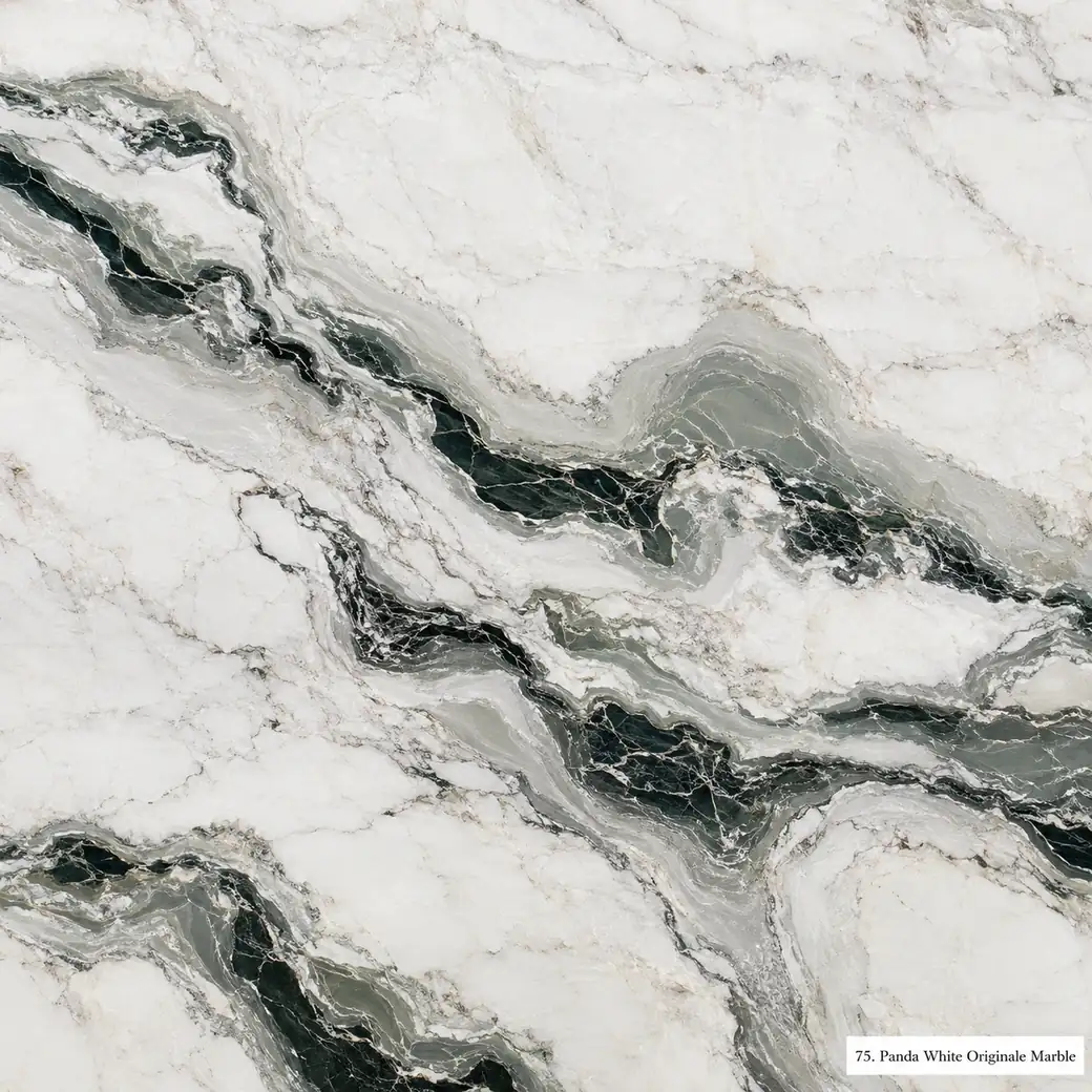 Panda White Originale Marble with authentic black white feature stone, green-grey bands and layered polished mineral depth.