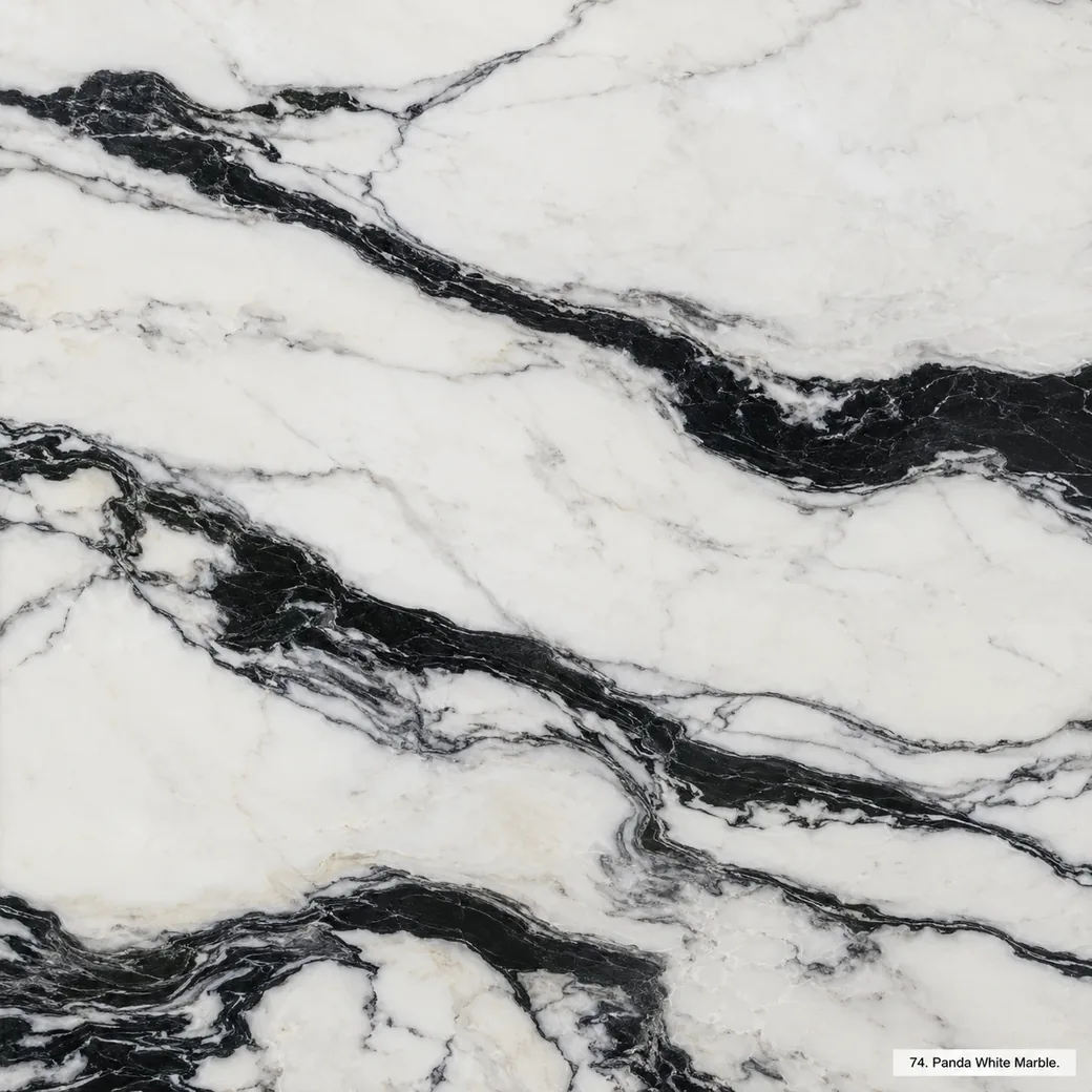 Panda White Marble with white stone with black waves, charcoal borders, grey shadows and a crisp polished crystalline finish.