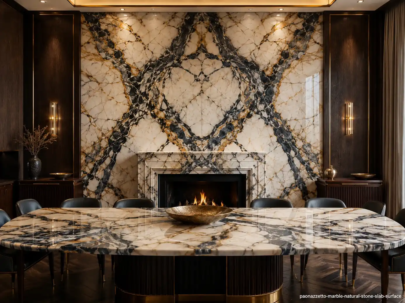 Luxurious Italian architectural slab on a dining wall, fireplace and table with ivory, blue-black, ochre and golden veins.
