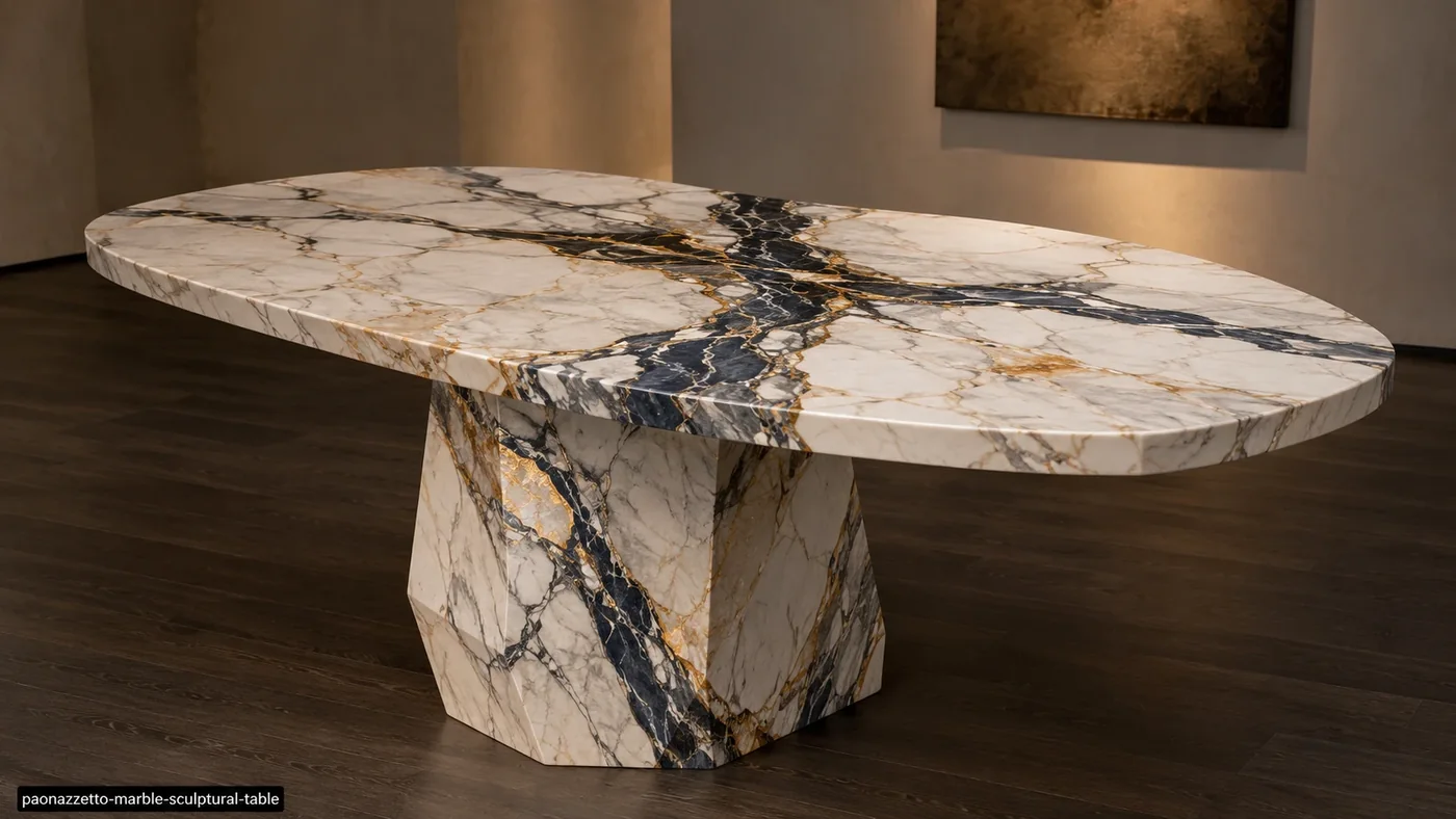 Paonazzetto Marble sculptural table with warm ivory stone, midnight-blue channels and fine ochre-gold veins.
