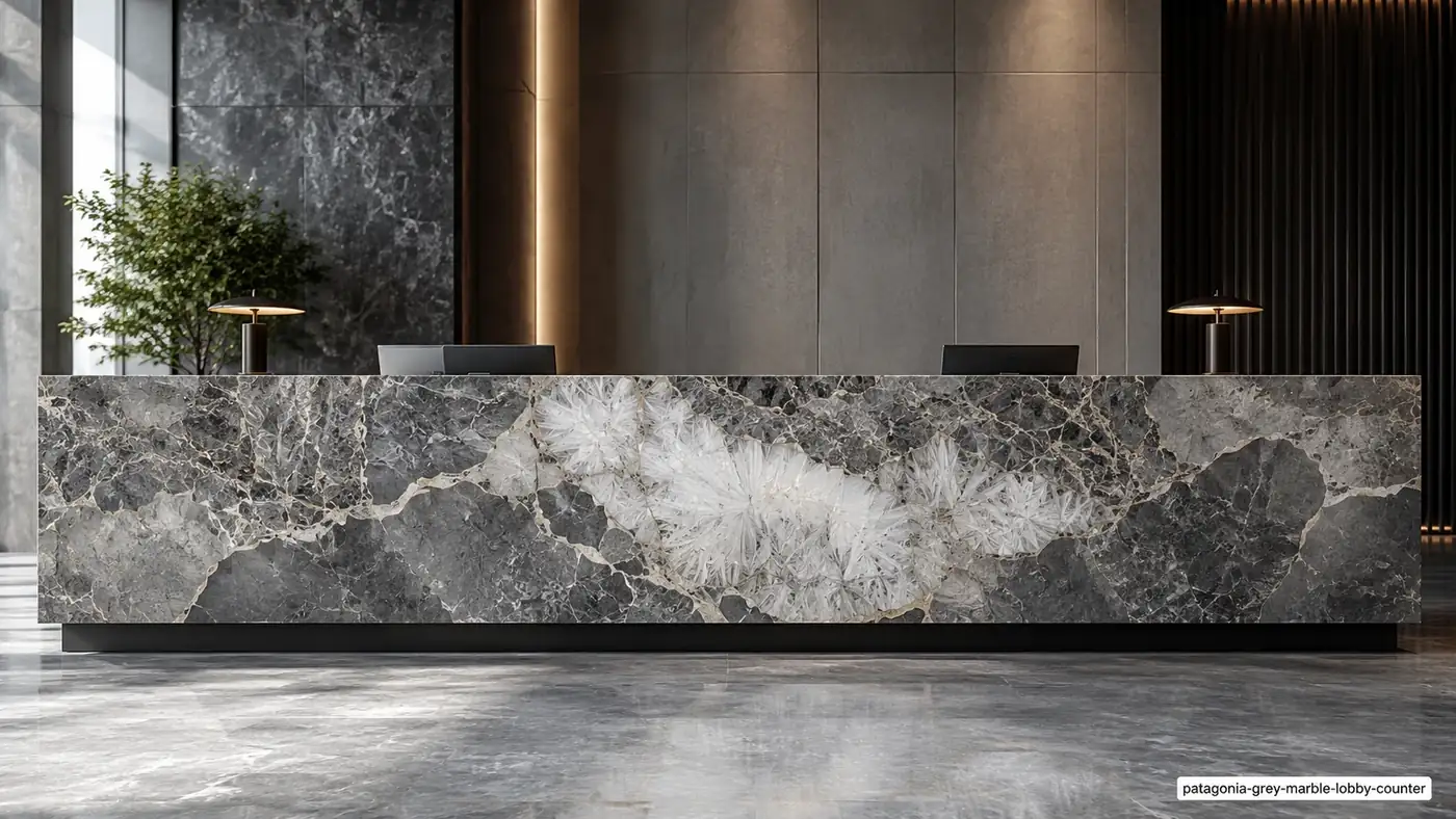 Patagonia Grey Marble lobby counter with graphite islands, luminous white crystals and intricate silver networks.