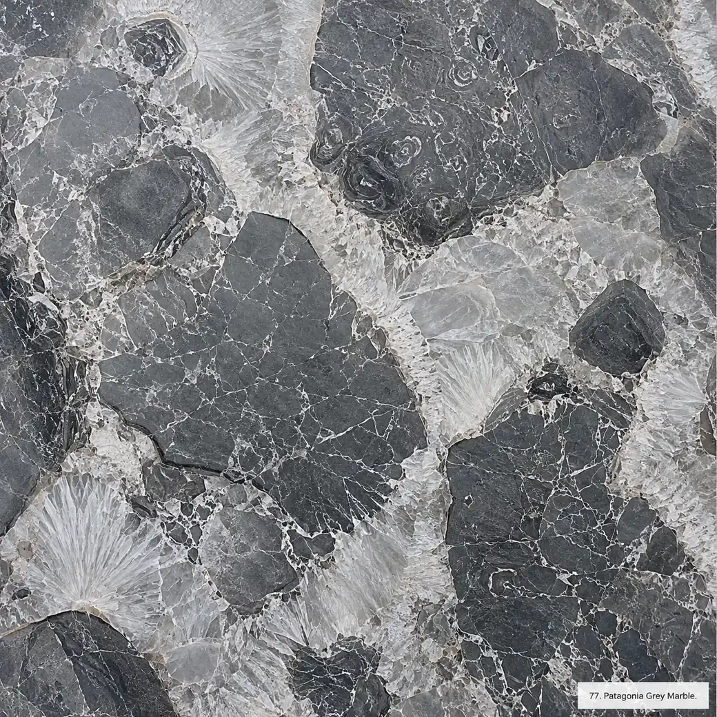 Patagonia Grey Marble with dramatic grey crystalline stone, graphite islands, white crystal borders and rich polished depth.