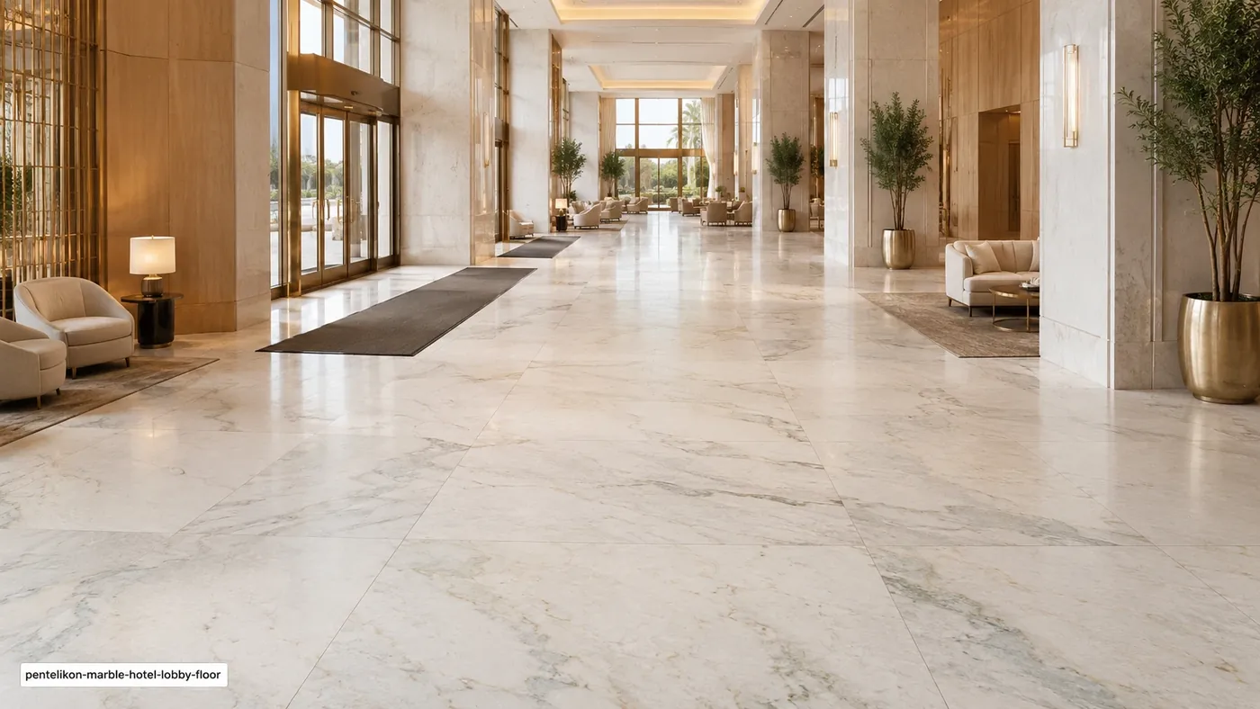 Pentelikon Marble hotel lobby floor with honed creamy white slabs, pale-grey clouds and subtle green undertones.