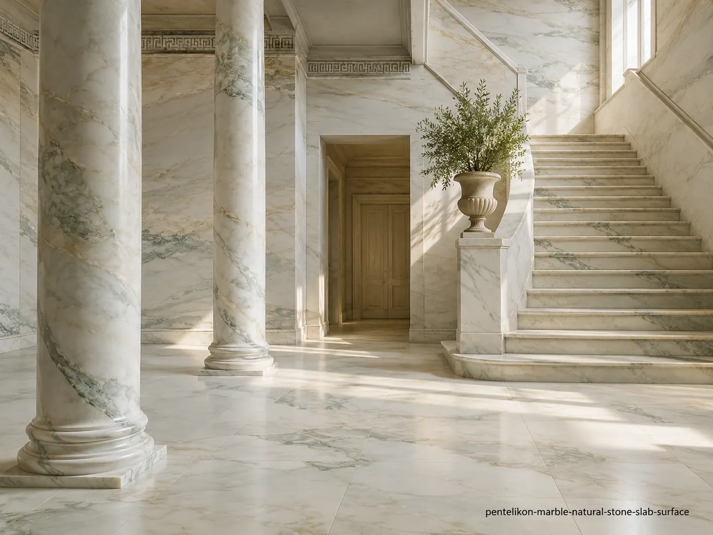 Luminous classical architectural slab across columns, staircase, cladding and flooring with creamy white and pale grey bands.