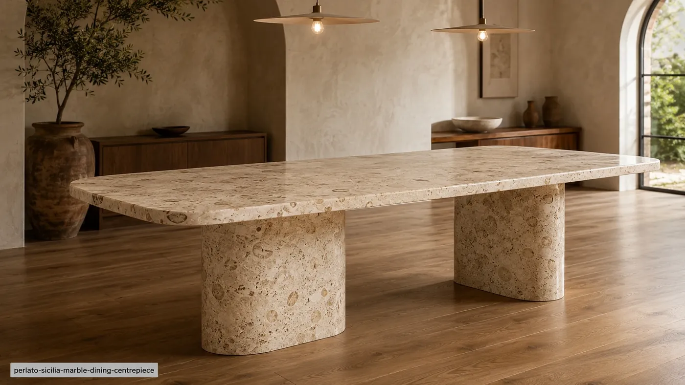 Perlato Sicilia Marble dining table with creamy beige stone, golden hairlines and fossil and shell inclusions.