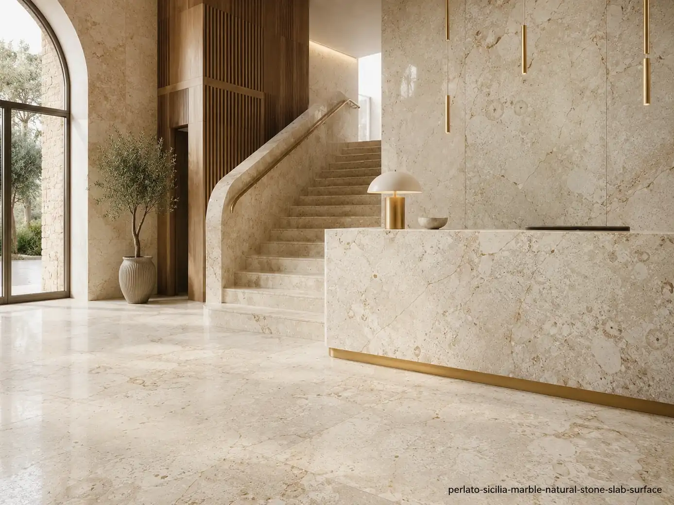 Elegant Mediterranean architectural slab across flooring, stairs, walls and counter with cream, fossil and golden details.