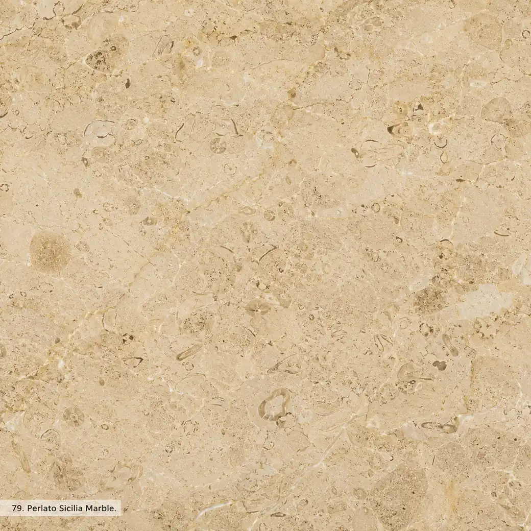 Perlato Sicilia Marble with pearl beige Sicilian stone, fossil details, brown hairlines and a warm pearly polished finish.