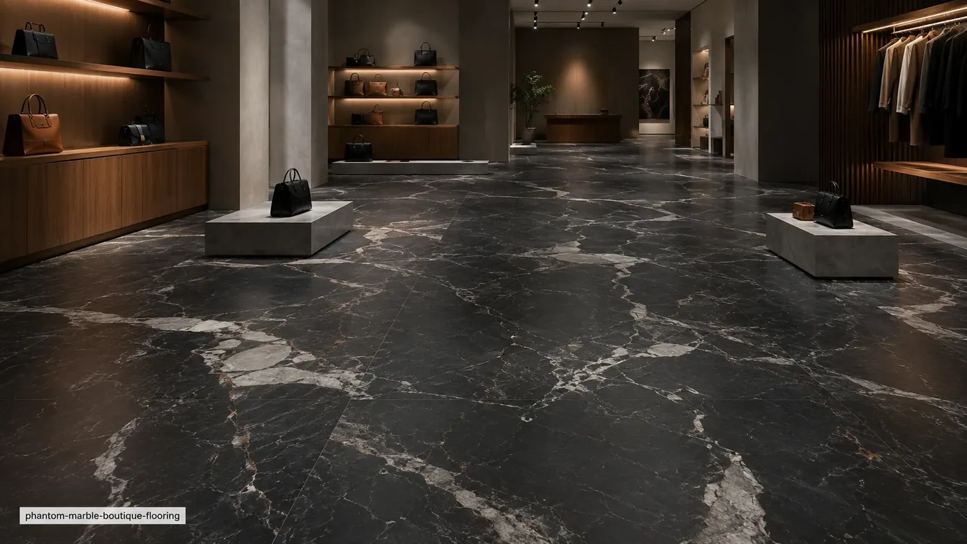 Phantom Marble boutique floor with honed black-charcoal slabs, smoky-grey clouds and fragmented white veins.