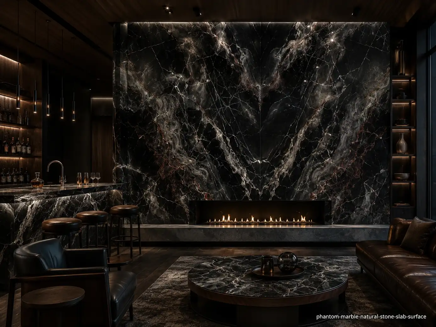 Dramatic black grey slab on a lounge fireplace wall, bar counter and tabletops with smoky white veins and ghostly shadows.