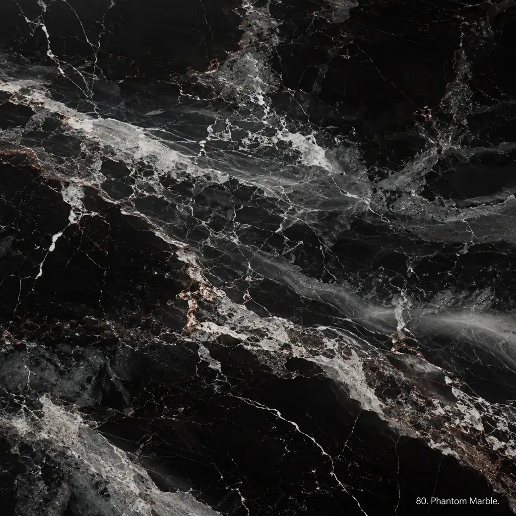 Phantom Marble with smoky dark exotic stone, silver clouds, calcite streaks, red accents and deep polished mineral depth.