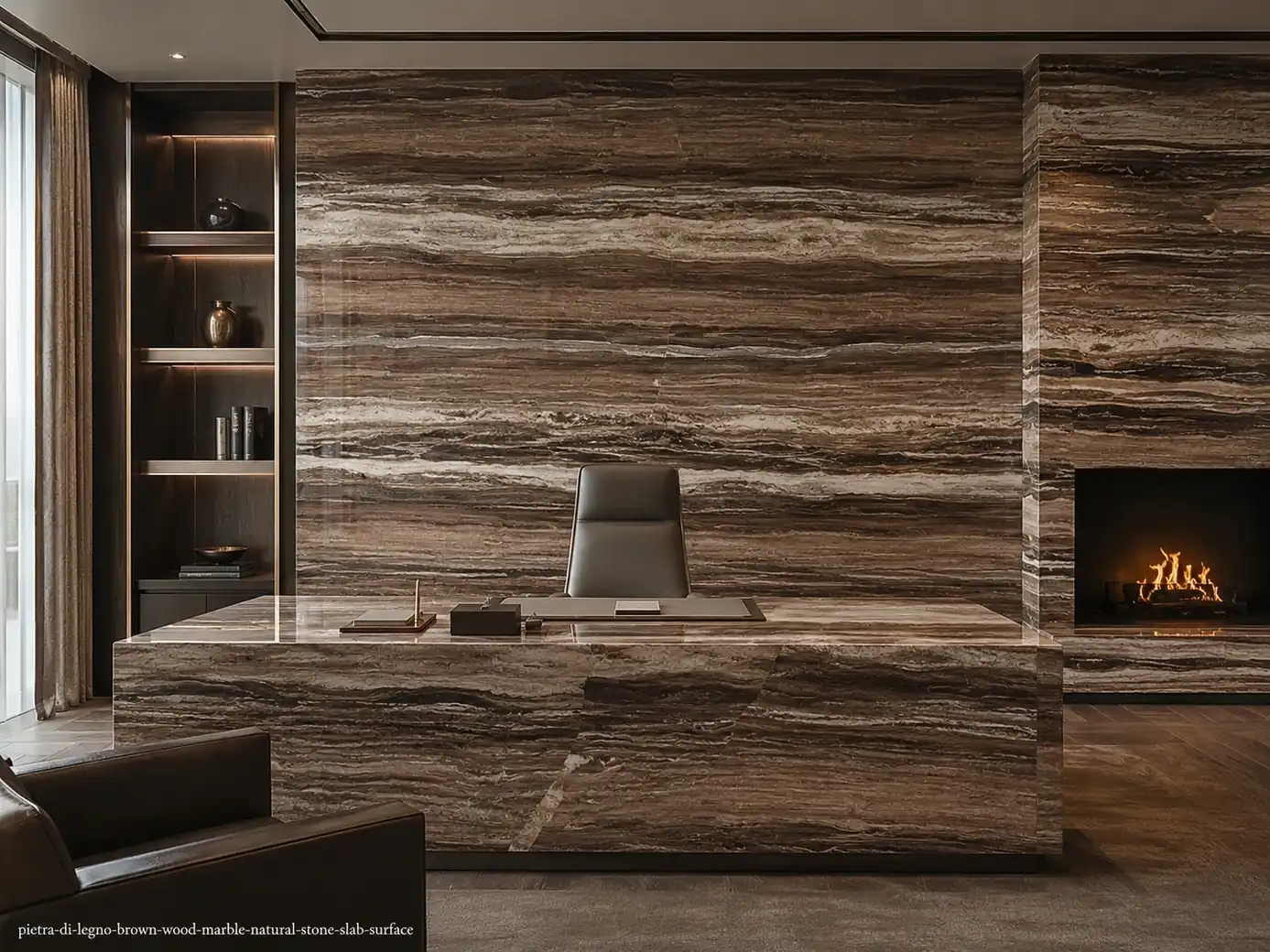 Warm layered architectural slab on office wall panels, desk and fireplace with chocolate, walnut, cream and wood-grain bands.
