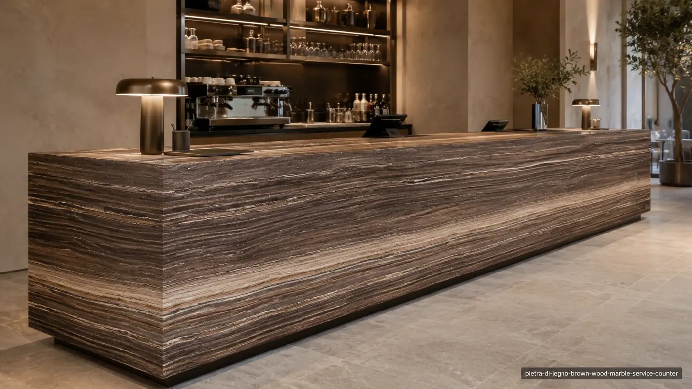 Pietra di Legno Brown Wood Marble counter with chocolate, walnut and cream bands resembling natural timber grain.