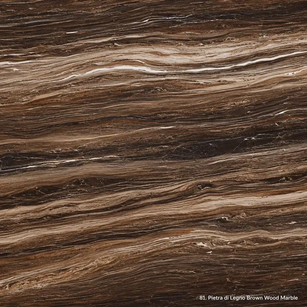 Pietra di Legno Brown Wood Marble with brown wood grain stone, walnut bands, cream lines and a rich polished layered finish.