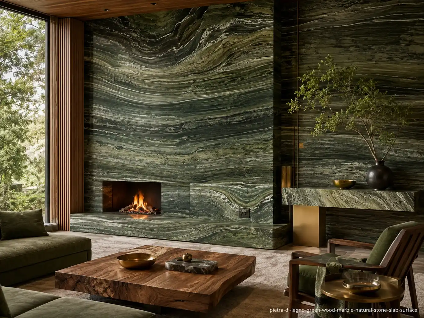 Layered botanical architectural slab on wall cladding, fireplace and console with forest-green and ivory wood-like bands.