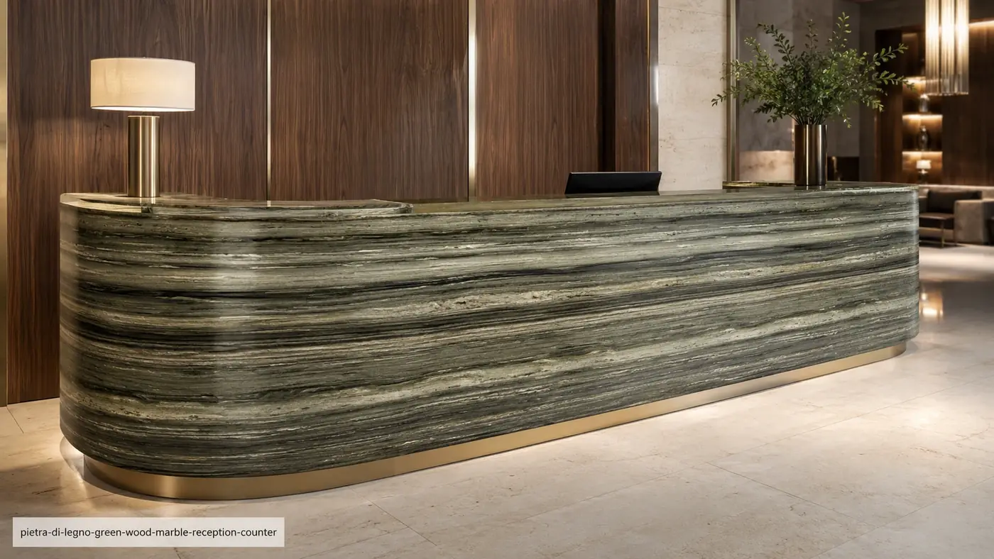 Pietra di Legno Green Wood Marble counter with forest-green, sage and ivory bands resembling dark wood grain.