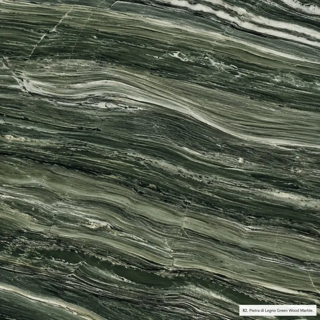 Pietra di Legno Green Wood Marble with green wood grain stone, sage bands, ivory lines and a deep polished layered finish.