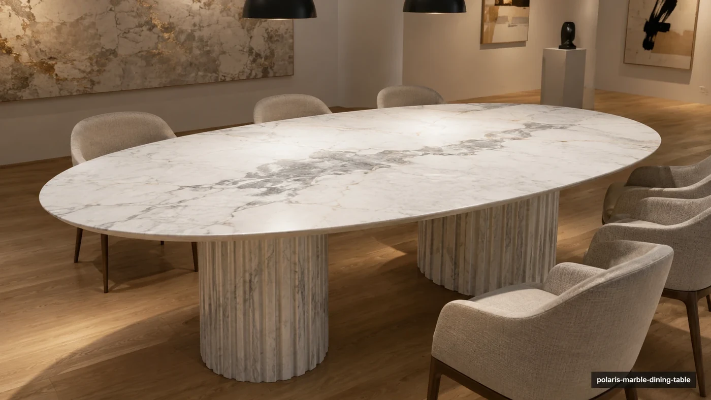 Polaris Marble dining table with luminous white stone, restrained silver-grey veins and fluted pedestal bases.
