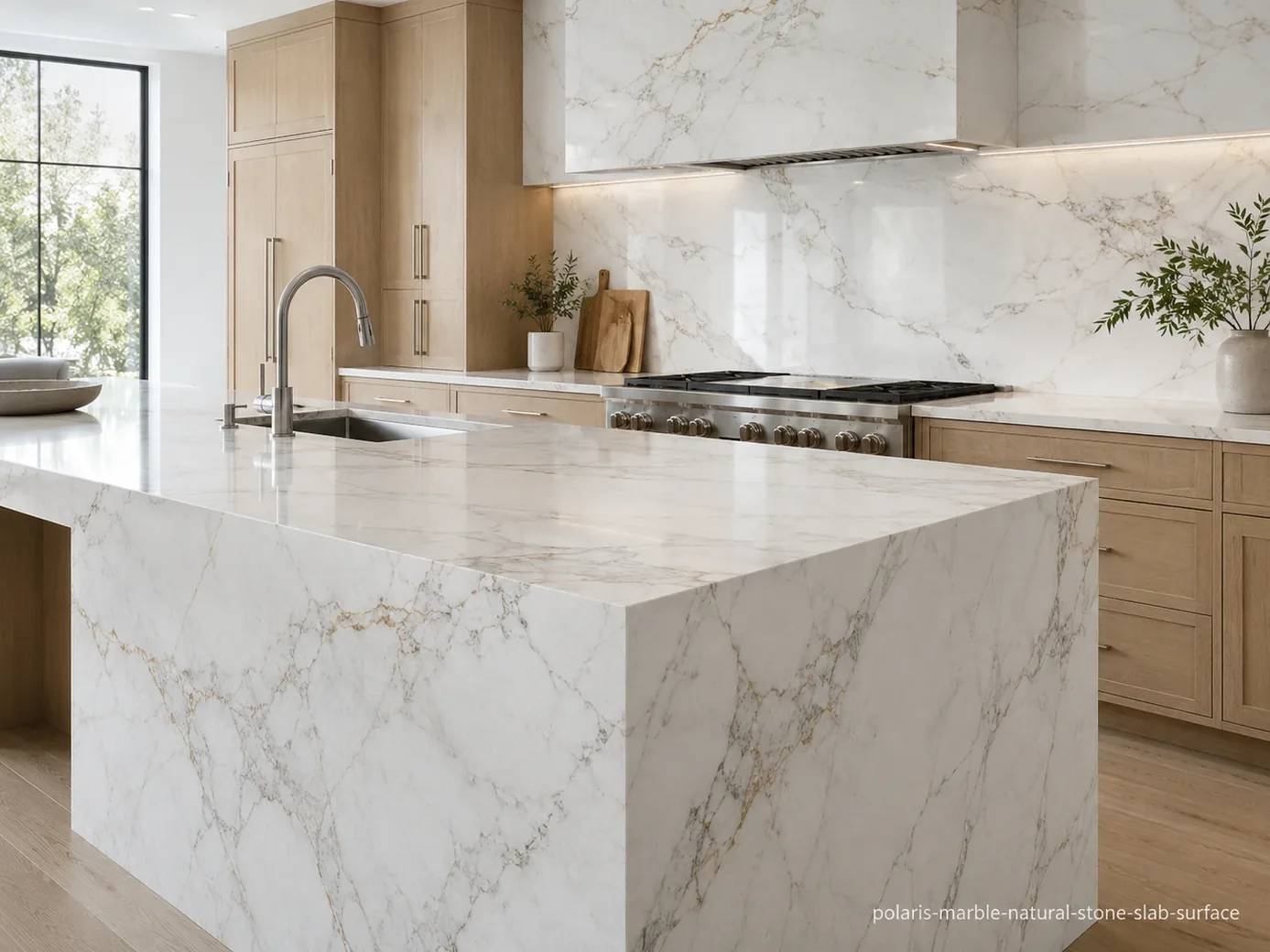 Luminous architectural slab on a kitchen island, backsplash and countertops with cool white, silver and beige-gold veins.