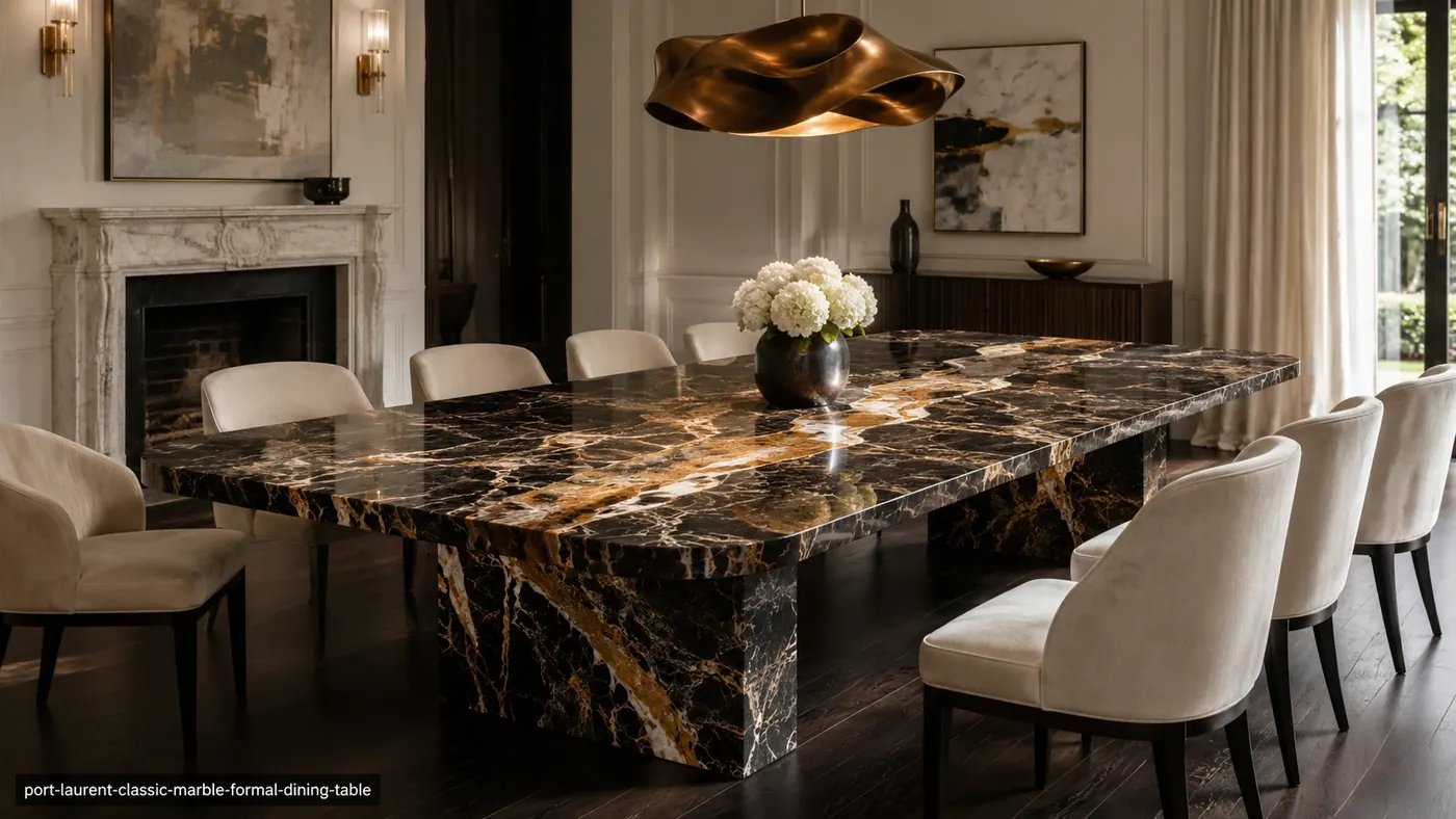 Port Laurent Classic Marble dining table with chocolate-black stone and dramatic gold, copper and cream veins.