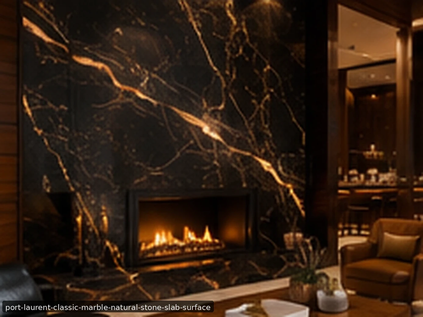 Dramatic white gold mineral movement across a fireplace, hearth and bar counter with dark brown and metallic warm veins.