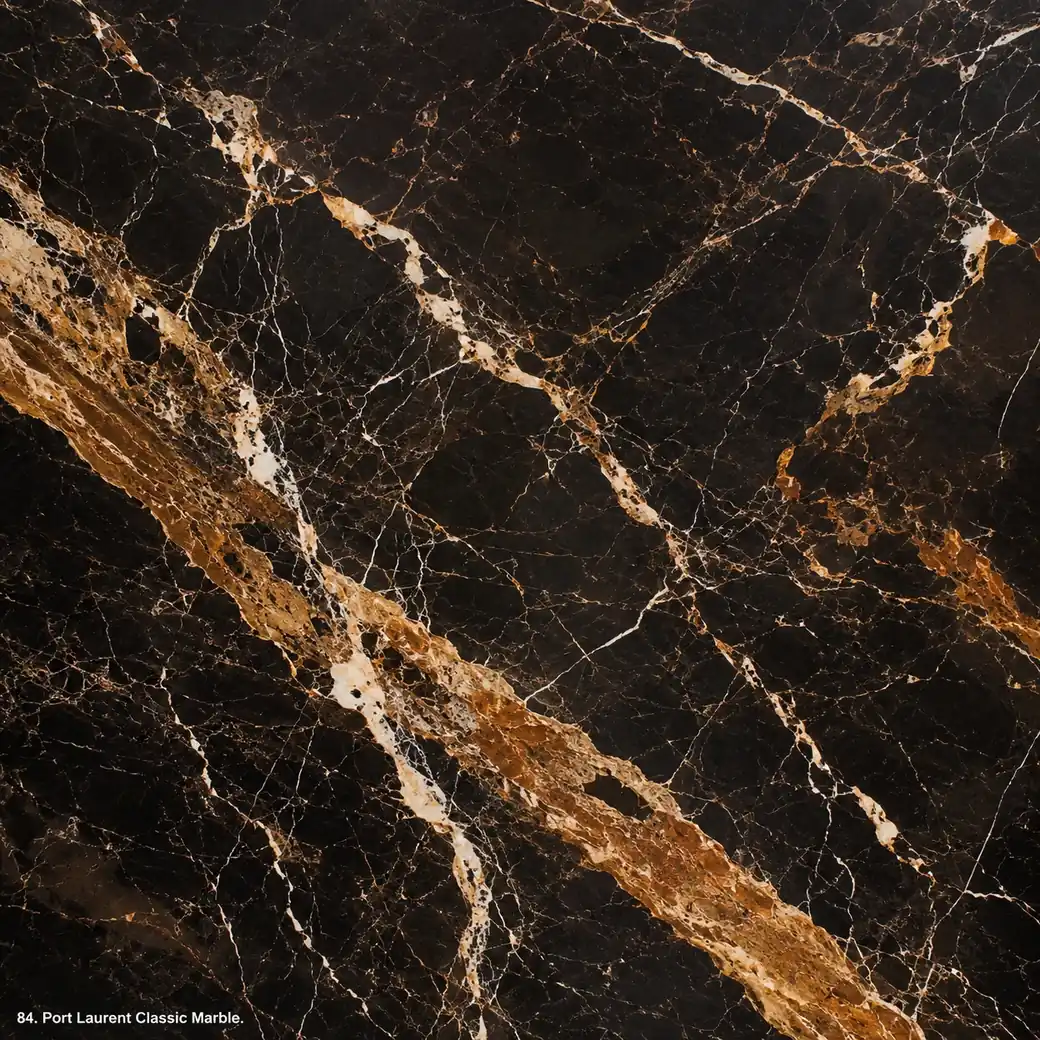 Port Laurent Classic Marble with black stone with golden veins, copper ribbons, cream calcite and mirror-polished depth.